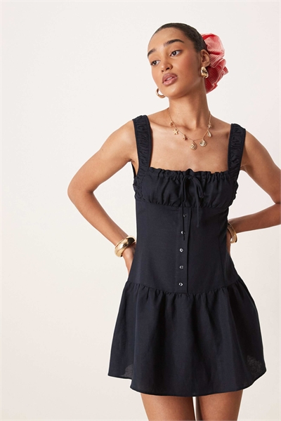 Мини-платье из смешанного льна в форме сердца с завязками спереди и сборками на юбке артикул 147554609