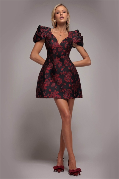 Мини-платье из жаккарда с глубоким вырезом, плиссированными рукавами и воротником артикул 154217884