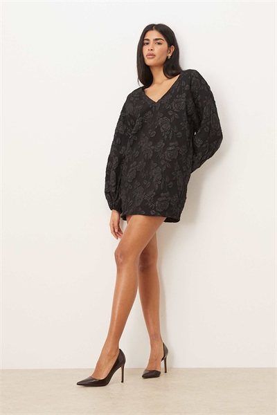 Мини-платье с длинными рукавами, V-образным вырезом и 3D-брокатом с розовым принтом артикул 152934446