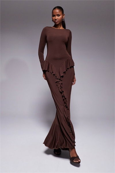 Макси-платье с длинными рукавами, рюшами и драпировкой артикул 153986907