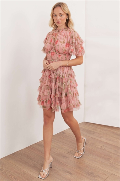 Мини-платье с коротким рукавом, рюшами и цветочным принтом артикул 154842376