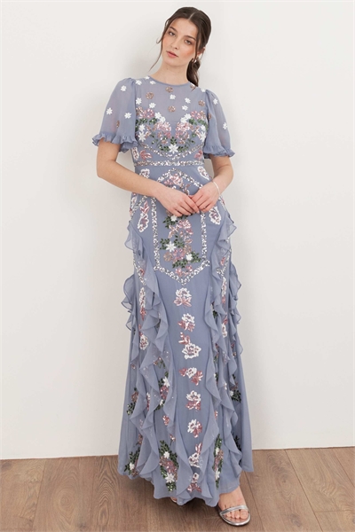 Макси-платье с короткими рукавами и оборками артикул 156300706