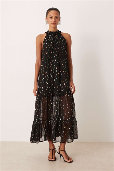 Макси-платье из шифона «Odyssey» с металлическим принтом в виде кружочков, высоким воротником и прозрачной юбкой артикул 154057292