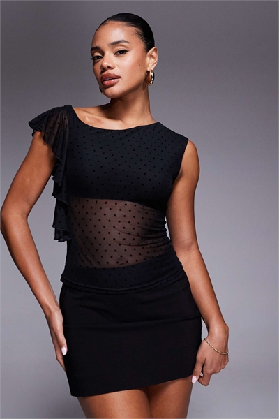 Топ из сетчатой ткани в горошек с асимметричными оборками на плечах от Cicero артикул 149759695