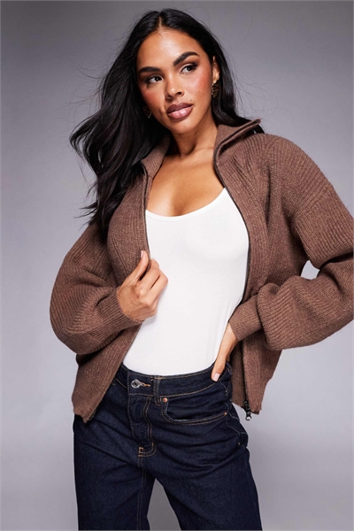 Кардиган Hertford с ребристым вязаным отложным воротником и застежкой-молнией, коричневый артикул 148071645