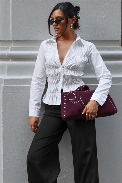 Рубашка с длинными рукавами и сборчатым лифом из хлопка, стиль 90-х артикул 150660856