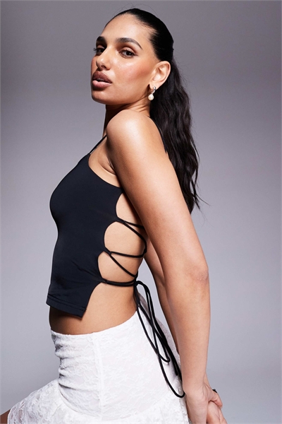 Облегающий топ с квадратным вырезом, шнуровкой и открытой спиной артикул 140562742