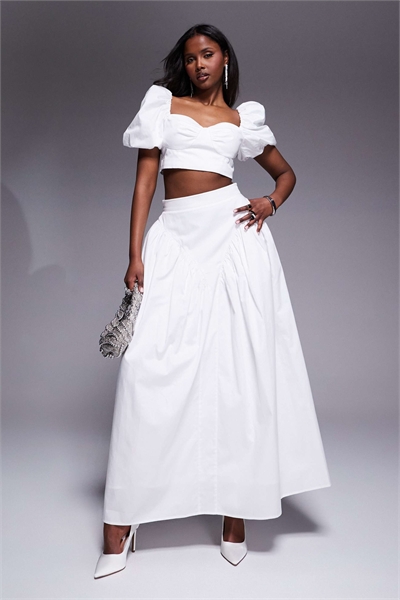 Юбка макси из хлопкового сатина с завышенной талией и бантом сзади co-ord артикул 140888228