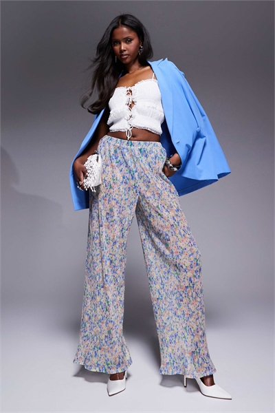 Брюки с широкими брючинами, плиссированной сеткой и цветочным принтом co-ord артикул 136987098