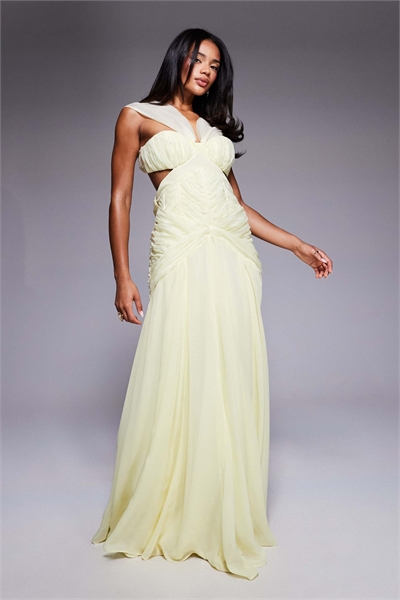 Макси-платье из органзы и шифона с рюшами и завязками за шеей артикул 140312030