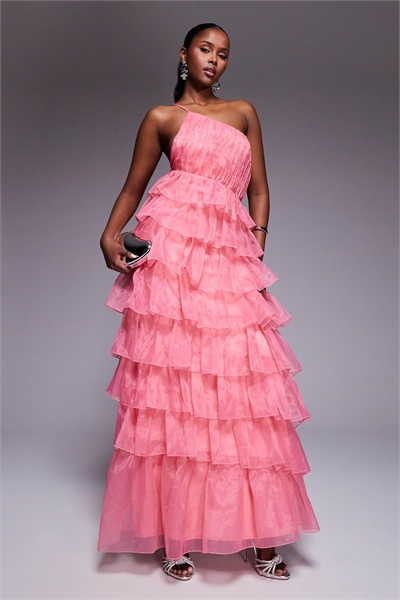 Макси-платье из органзы с асимметричными оборками артикул 140437298