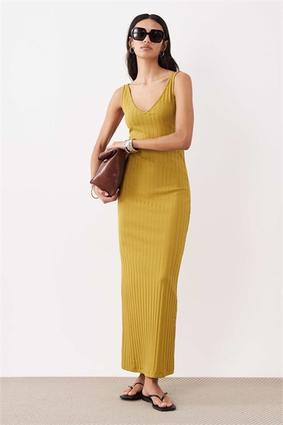 Широкое платье-миди без рукавов с V-образным вырезом и широкими ребрами, цвет хаки артикул 154120441
