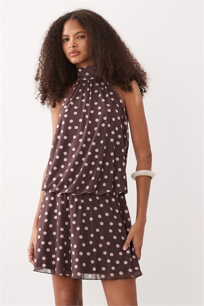 Мини-платье с завязками на шее и шарфом в коричневую горошку - BROWN артикул 155472637