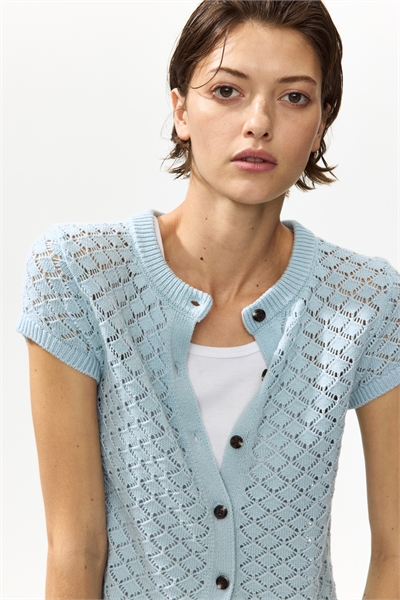 Кардиган с короткими рукавами из трикотажа с ажурной вязкой артикул 1332156001