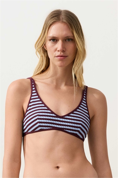 Топ бикини с завязками за шеей, с текстурными двухцветными полосками, фиолетового цвета артикул 156219821