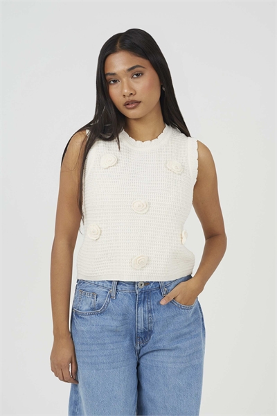 Трикотажная майка с круглым вырезом и вязаными ракушками кремового цвета артикул 156258616