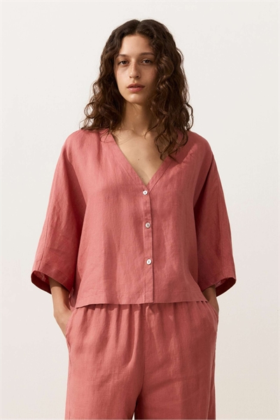 Рубашка с короткими рукавами из 100% льна кораллового цвета артикул 156467498