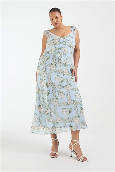 Платье средней длины New Look Curve из шифона с цветочным принтом и оборками, синего цвета артикул 155394053