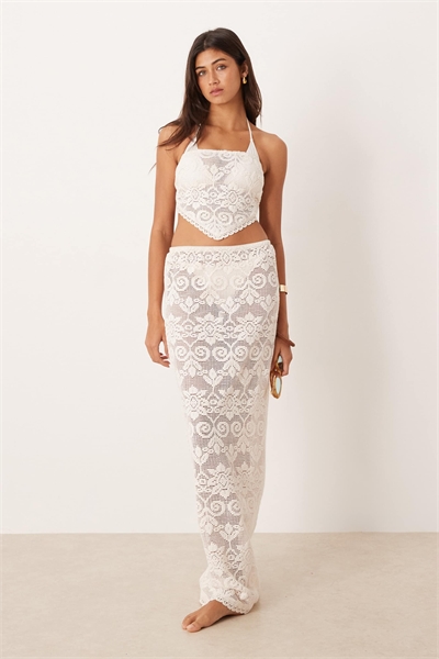 Комплект с топом из кружева, связанного крючком, в кремовом цвете артикул 151871484