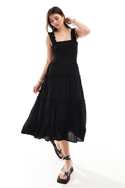 Платье-миди с рюшами и бретелями, черного цвета артикул 134843408