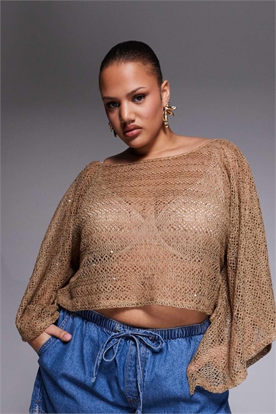 Пончо, связанное крючком, бежевого цвета артикул 153323608