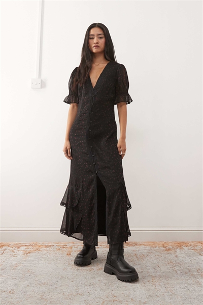 Платье-миди с воротником-стойкой и оборками артикул 152898347