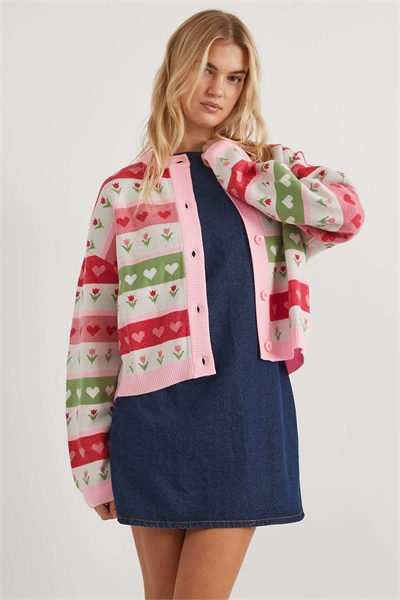 Вязаный кардиган с цветочным узором в полоску, многоцветный артикул 156136402