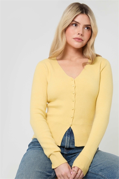 Компактный вязаный кардиган с V-образным вырезом лимонного цвета артикул 155550506
