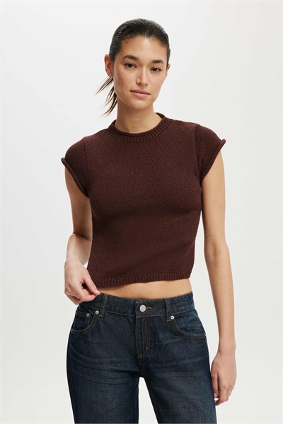 Трикотажный топ с короткими рукавами и фактурной текстурой коричневого цвета артикул 156354280