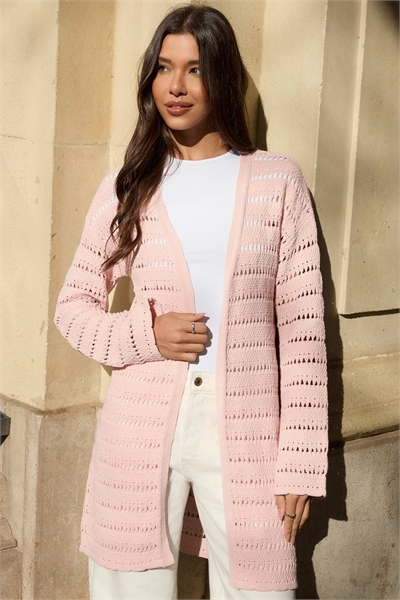 Длинный кардиган из трикотажа с узором «пойнтелл» розового цвета артикул 156135499