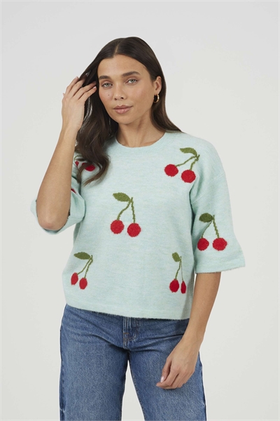 Свитер из жаккардового трикотажа с вишневым принтом и короткими рукавами, мятного цвета артикул 156387408