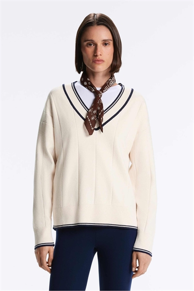 Свитер из трикотажа с V-образным вырезом контрастного цвета, бледно-бежевого оттенка артикул 156037690