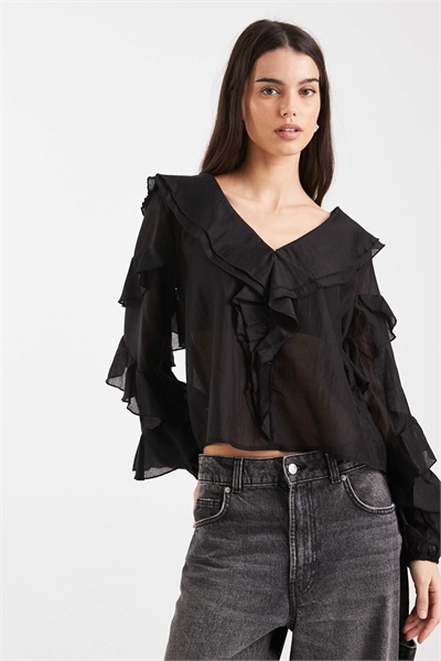 Топ с V-образным вырезом и оборками, с многослойными рукавами, черного цвета артикул 151737592