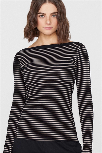 Футболка с длинным рукавом и ребристым вырезом в полоску черного и экрю цвета артикул 156298997