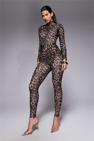 Комбинезон с высоким воротником и длинными рукавами из скульптурной сетки с леопардовым принтом артикул 150078772