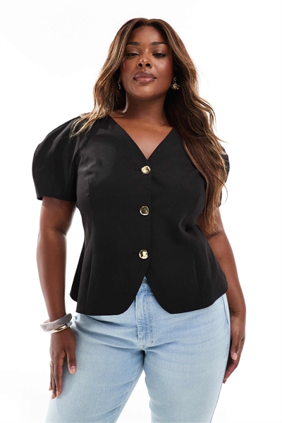 Блейзер с зауженной линией бедер, с короткими рукавами и расклешенным низом, черного цвета артикул 144907024