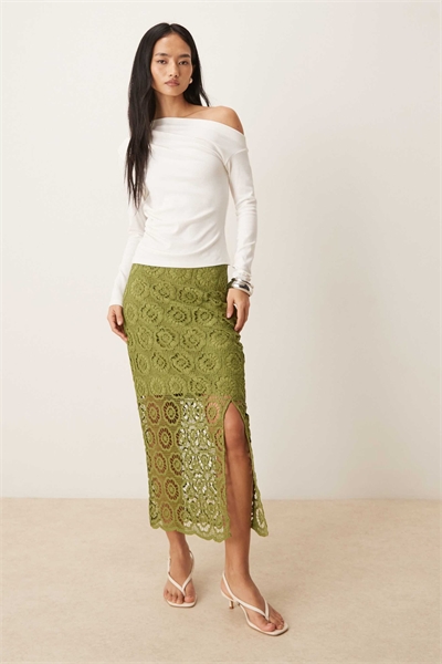 Юбка-миди из кружева, связанная крючком, цвета хаки артикул 154717608