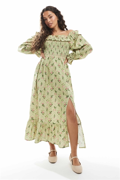 Макси-платье из набивного льна с открытыми плечами артикул 142681156