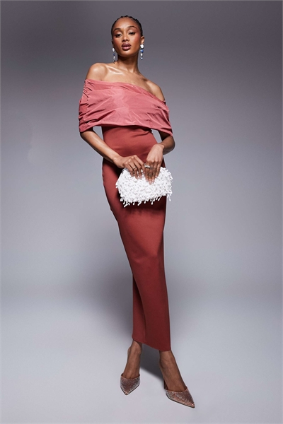 ASOS DESIGN: Платье средней длины с лифом из тафты с эффектом «бардо» для высоких девушек, красного цвета артикул 143419830