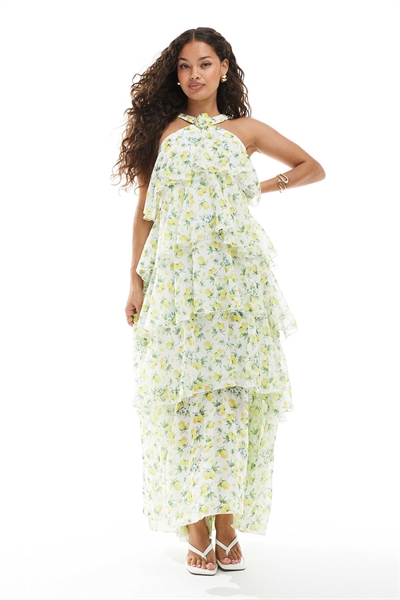 Макси-платье Felicia с завязками на шее, многослойным кроем и украшением в виде букета артикул 141726556