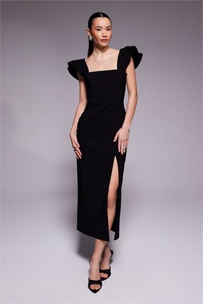 Платье-миди с квадратным вырезом, рукавами с оборками и боковым разрезом из бенгалина артикул 138106886