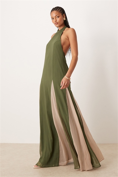 ASOS DESIGN — Макси-платье из шифона с высоким воротником и контрастной юбкой с годетами, темно-зеленого цвета артикул 147142530