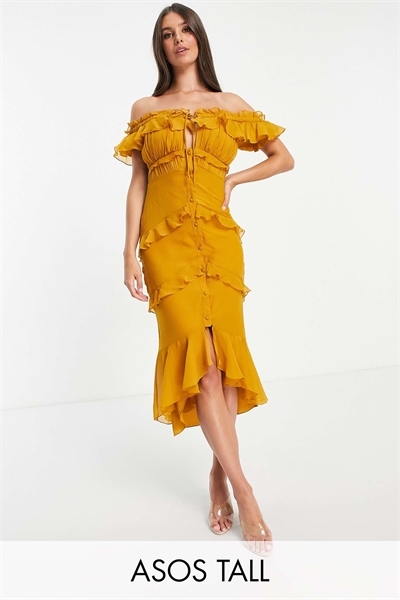 ASOS DESIGN: Платье средней длины для высоких девушек с открытыми плечами, застежкой на пуговицах спереди и рюшами артикул 88889013
