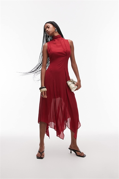 Многослойное платье средней длины из прозрачного шифона с открытой завязкой на спине и асимметричным подолом, красного цвета артикул 144437750