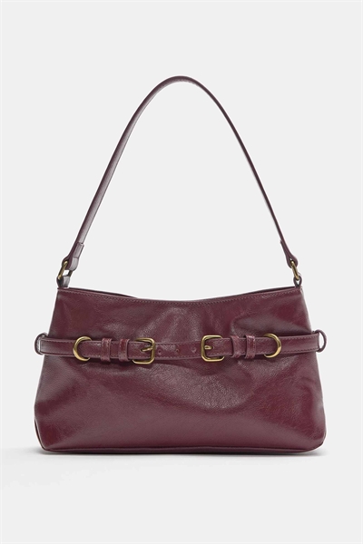 Сумка через плечо с пряжками бордового цвета артикул 155663943