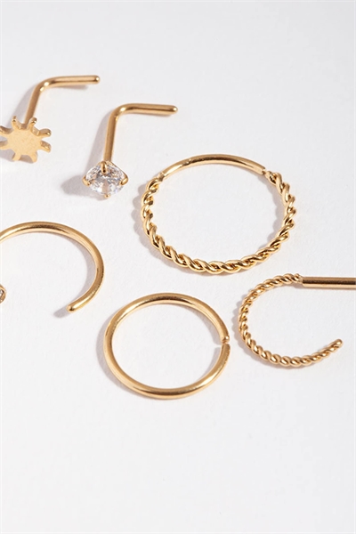 Набор из 6 золотых колец для носа из хирургической стали с золотым узором «солнечные лучи» и стразами артикул 152361490