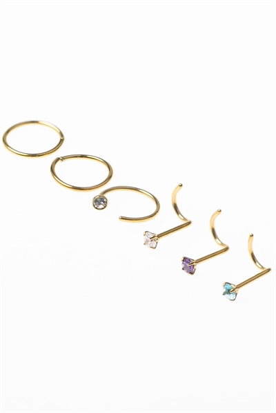 Набор из 6 позолоченных сережек-гвоздиков для носа из хирургической стали с пастельными стразами артикул 149976295