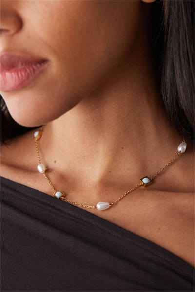 Ожерелье из нержавеющей стали с голубым камнем и жемчужиной артикул 154177757