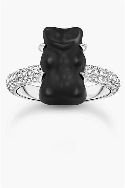 Серебряное кольцо с черным медвежонком и цирконами артикул 154286562