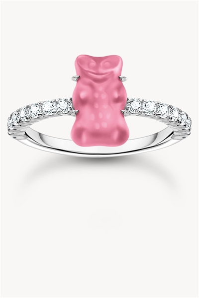 Серебряное кольцо с розовыми миниатюрными золотыми мишками и цирконами артикул 154286163
